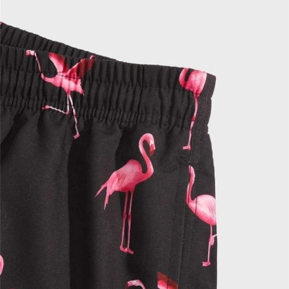 Black Vacation Style Men's Flamingo Print Swim Trunks - Picture 4 of 6